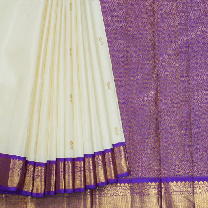 Hayagrivas Handloom Half-White Kanjivaram Silk Saree with Purple Border KBF405F1-1