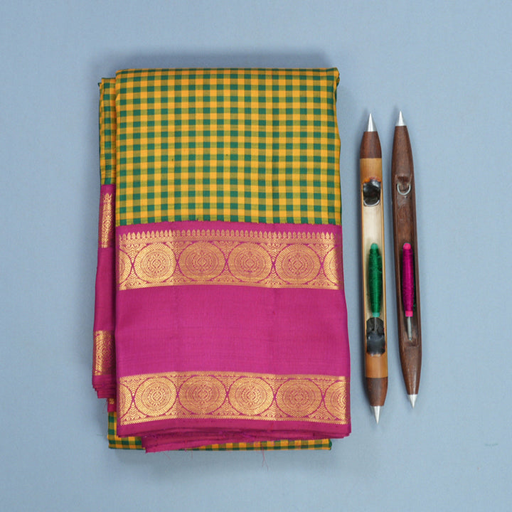 Hayagrivas Handloom Green &amp; Yellow Checks Kanjivaram Silk Saree with Deep Pink Border KBF405F6-1