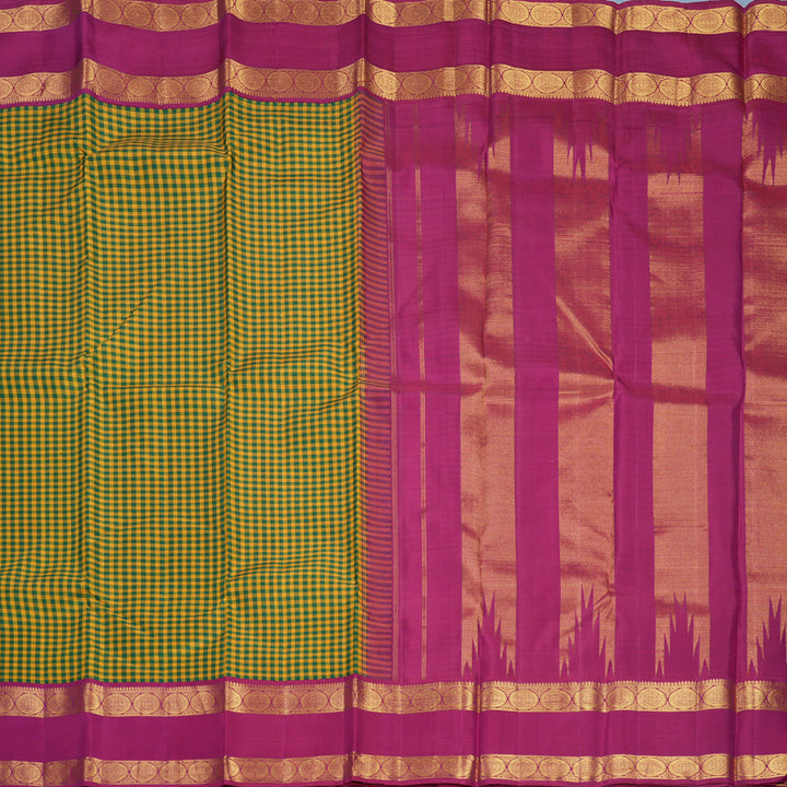 Hayagrivas Handloom Green &amp; Yellow Checks Kanjivaram Silk Saree with Deep Pink Border KBF405F6-1
