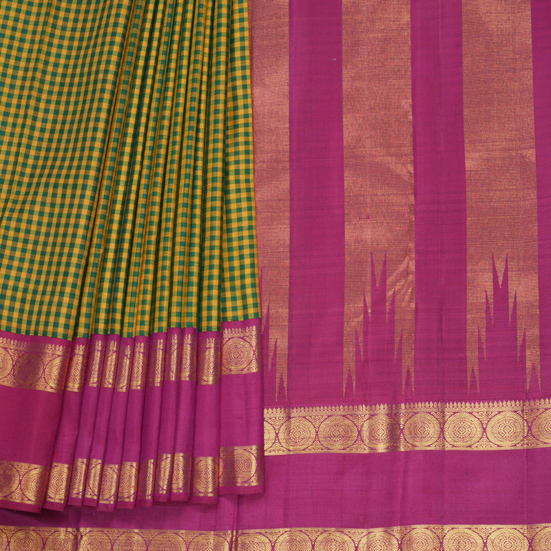 Hayagrivas Handloom Green &amp; Yellow Checks Kanjivaram Silk Saree with Deep Pink Border KBF405F6-1
