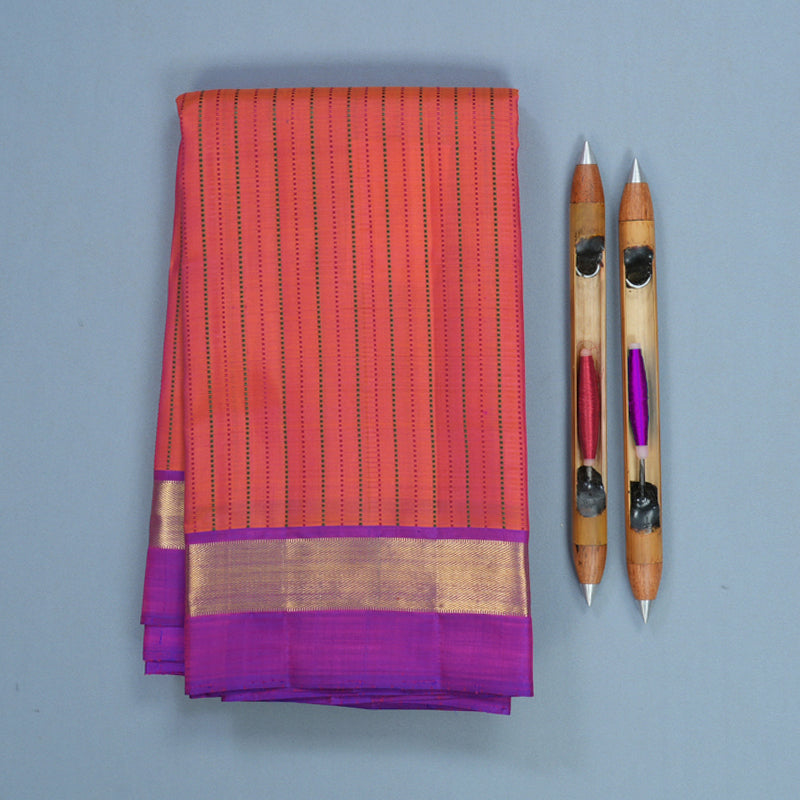 Hayagrivas Handloom Orangish-Pink Kanjivaram Silk Saree with Purple Border KBF406F1-1