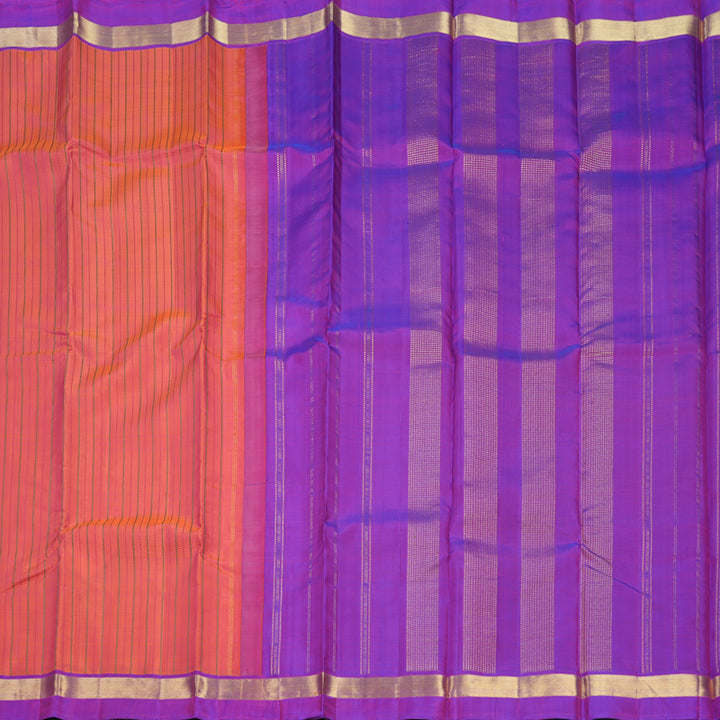 Hayagrivas Handloom Orangish-Pink Kanjivaram Silk Saree with Purple Border KBF406F1-1
