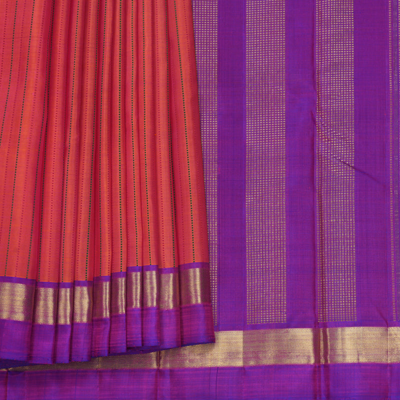 Hayagrivas Handloom Orangish-Pink Kanjivaram Silk Saree with Purple Border KBF406F1-1