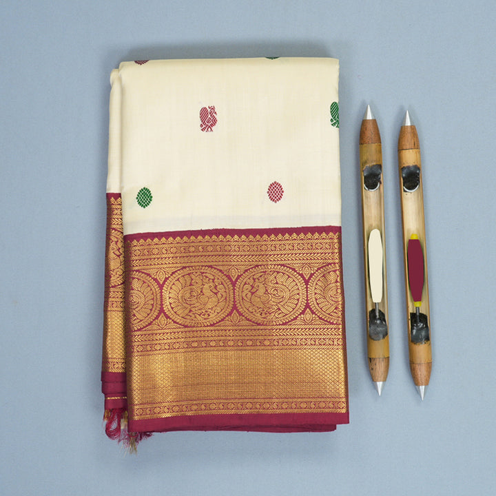 Hayagrivas Handloom Half-White Kanjivaram Silk Saree with Maroon Border KBF406F11-2