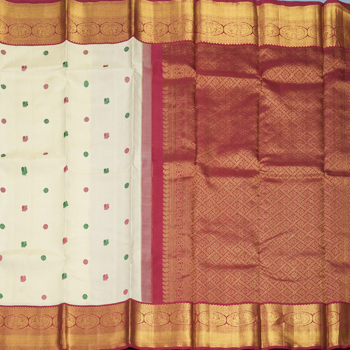 Hayagrivas Handloom Half-White Kanjivaram Silk Saree with Maroon Border KBF406F11-2