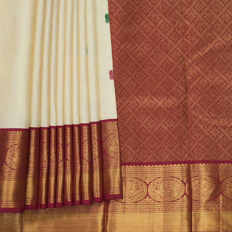 Hayagrivas Handloom Half-White Kanjivaram Silk Saree with Maroon Border KBF406F11-2