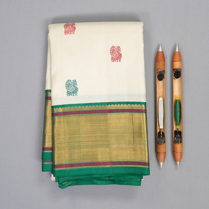 Hayagrivas Handloom Half-White Kanjivaram Silk Saree with Green Border KBF406F11-3