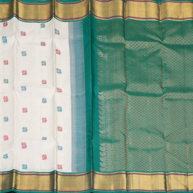 Hayagrivas Handloom Half-White Kanjivaram Silk Saree with Green Border KBF406F11-3