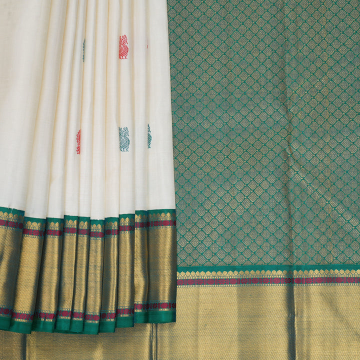 Hayagrivas Handloom Half-White Kanjivaram Silk Saree with Green Border KBF406F11-3