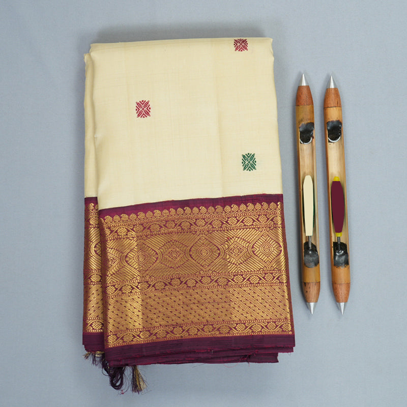Hayagrivas Handloom Half-White Kanjivaram Silk Saree with Wine Purple Border KBF406F11-4