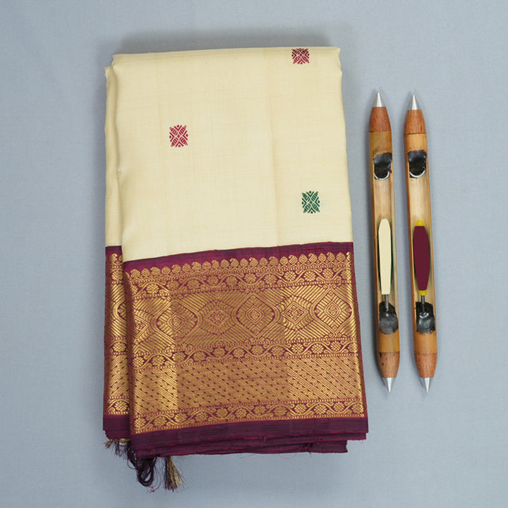 Hayagrivas Handloom Half-White Kanjivaram Silk Saree with Wine Purple Border KBF406F11-4