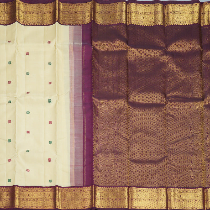Hayagrivas Handloom Half-White Kanjivaram Silk Saree with Wine Purple Border KBF406F11-4