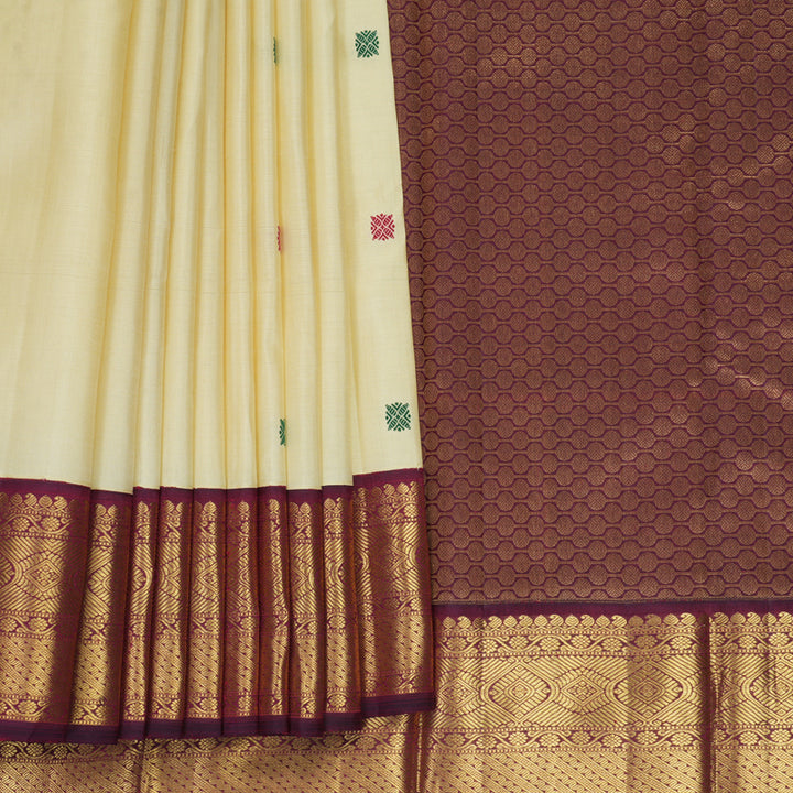 Hayagrivas Handloom Half-White Kanjivaram Silk Saree with Wine Purple Border KBF406F11-4