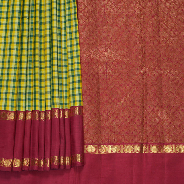Hayagrivas Handloom Multicolour Checks Kanjivaram Silk Saree with Maroon Border KBF406F12-1