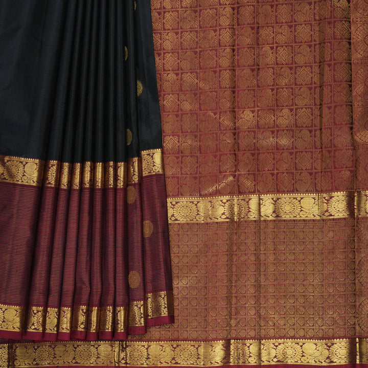 Hayagrivas Handloom Black Kanjivaram Silk Saree with Maroon Border KBF406F8-2