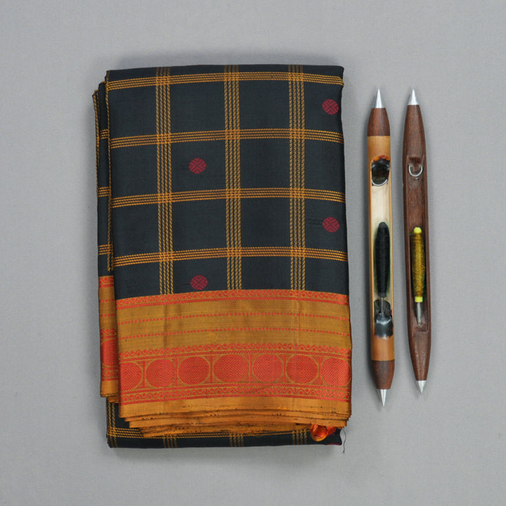 Hayagrivas Handloom Black Kanjivaram Silk Saree with Honey Mustard Border KBF410F5-1