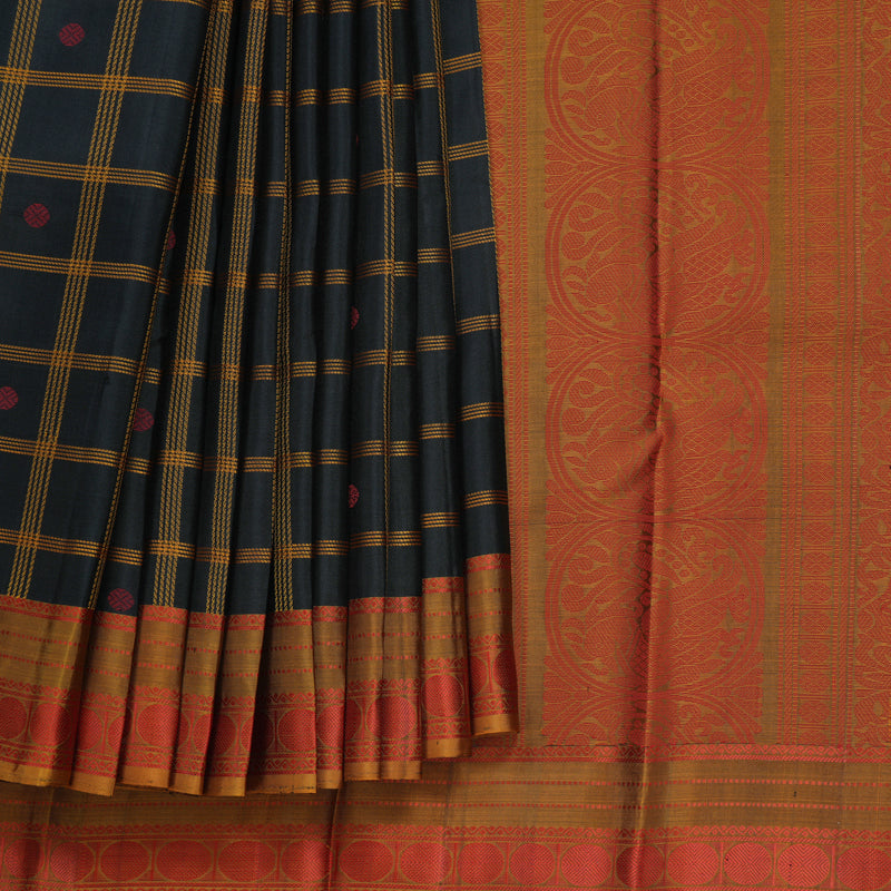 Hayagrivas Handloom Black Kanjivaram Silk Saree with Honey Mustard Border KBF410F5-1