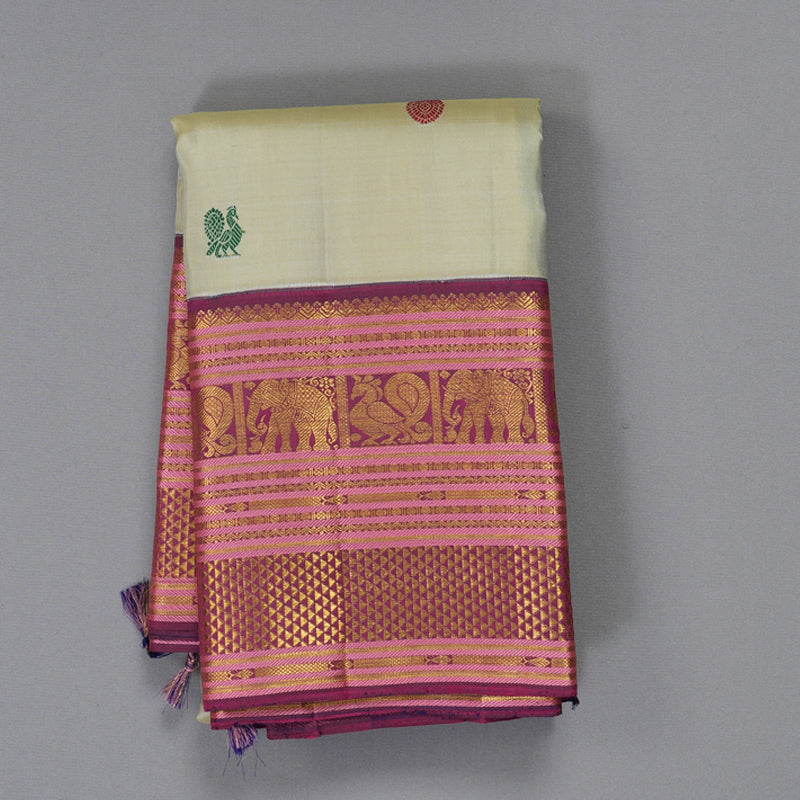 Hayagrivas Handloom Beige Kanjivaram Silk Saree with Dark Purple Border KBF411F26-1