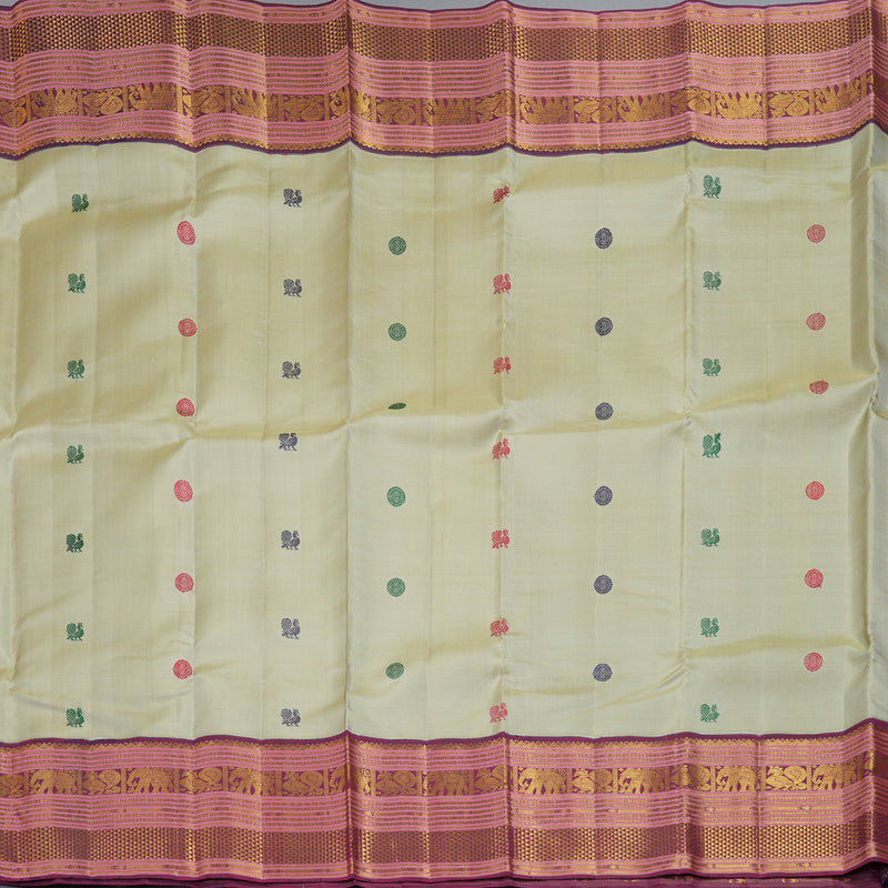 Hayagrivas Handloom Beige Kanjivaram Silk Saree with Dark Purple Border KBF411F26-1