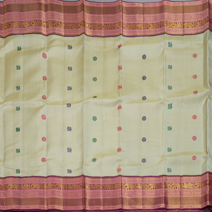 Hayagrivas Handloom Beige Kanjivaram Silk Saree with Dark Purple Border KBF411F26-1