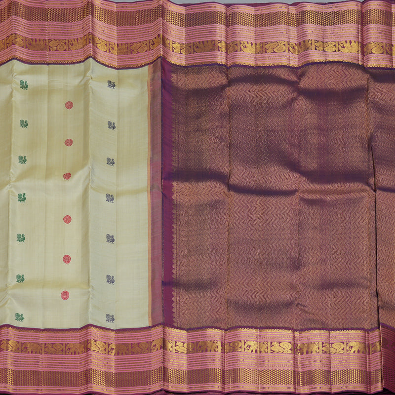 Hayagrivas Handloom Beige Kanjivaram Silk Saree with Dark Purple Border KBF411F26-1