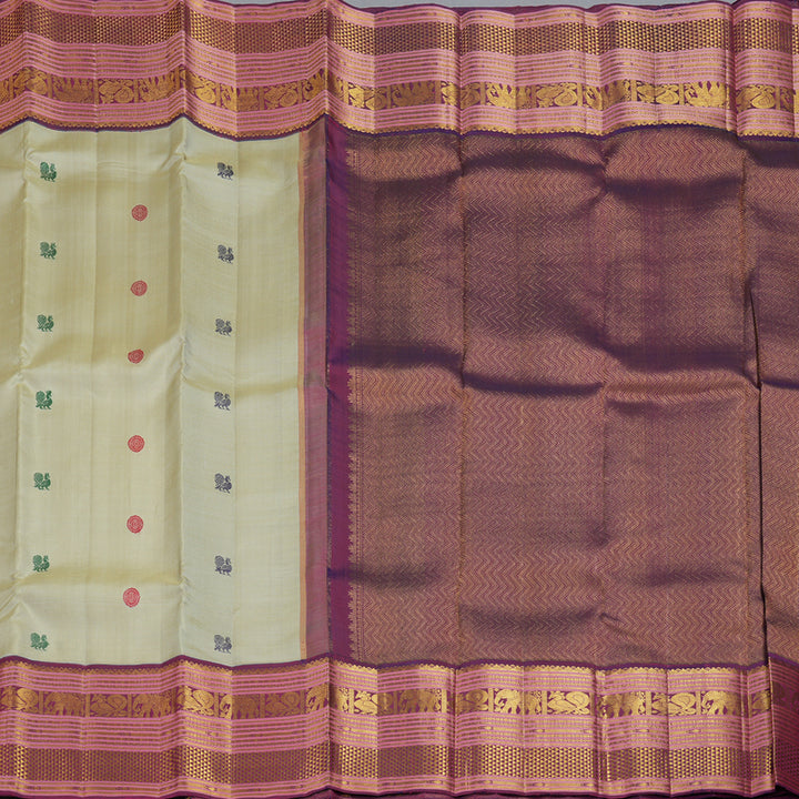 Hayagrivas Handloom Beige Kanjivaram Silk Saree with Dark Purple Border KBF411F26-1