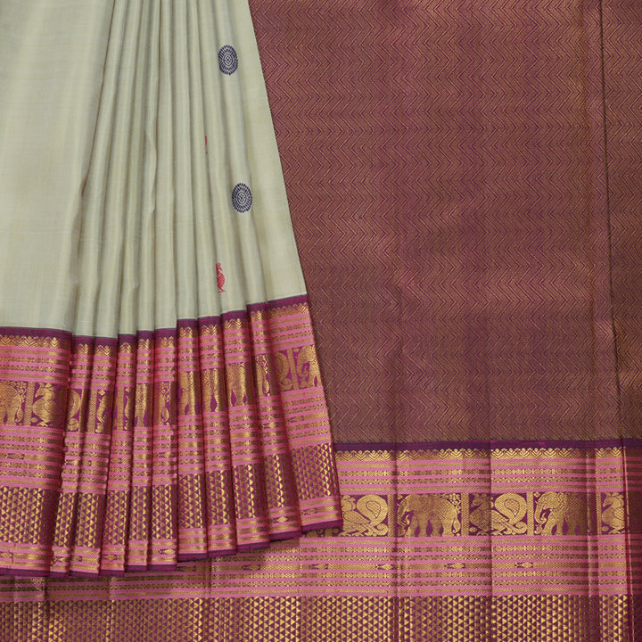 Hayagrivas Handloom Beige Kanjivaram Silk Saree with Dark Purple Border KBF411F26-1