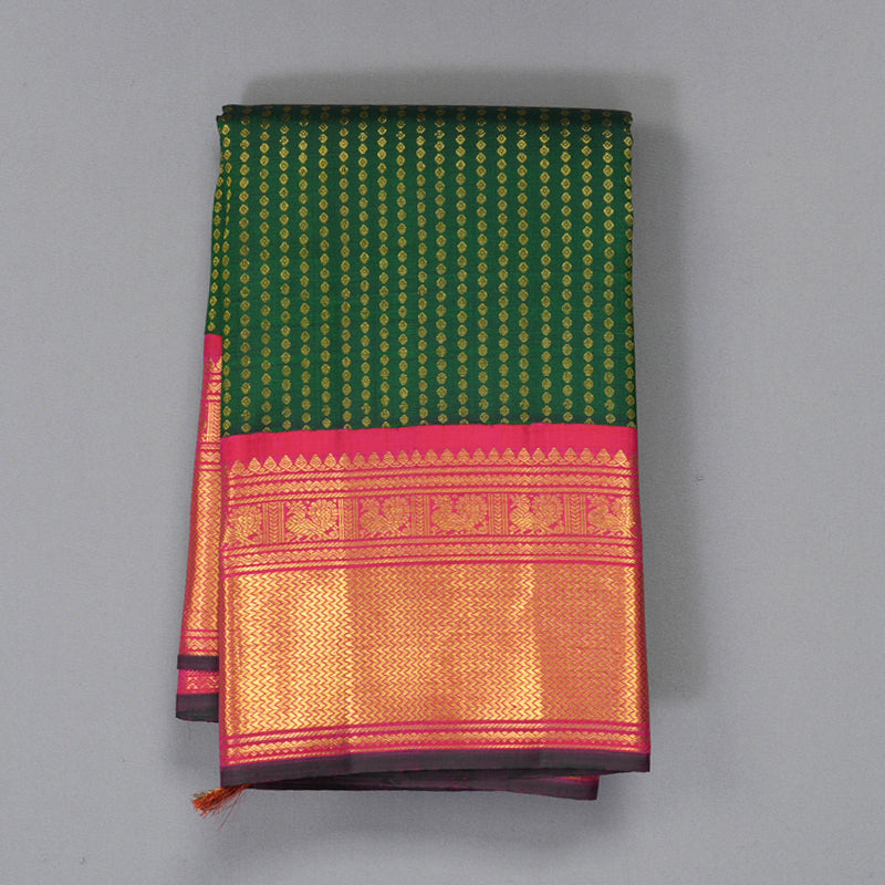 Hayagrivas Handloom Bottle Green Kanjivaram Silk Saree with Pink Border KBF411F35-1