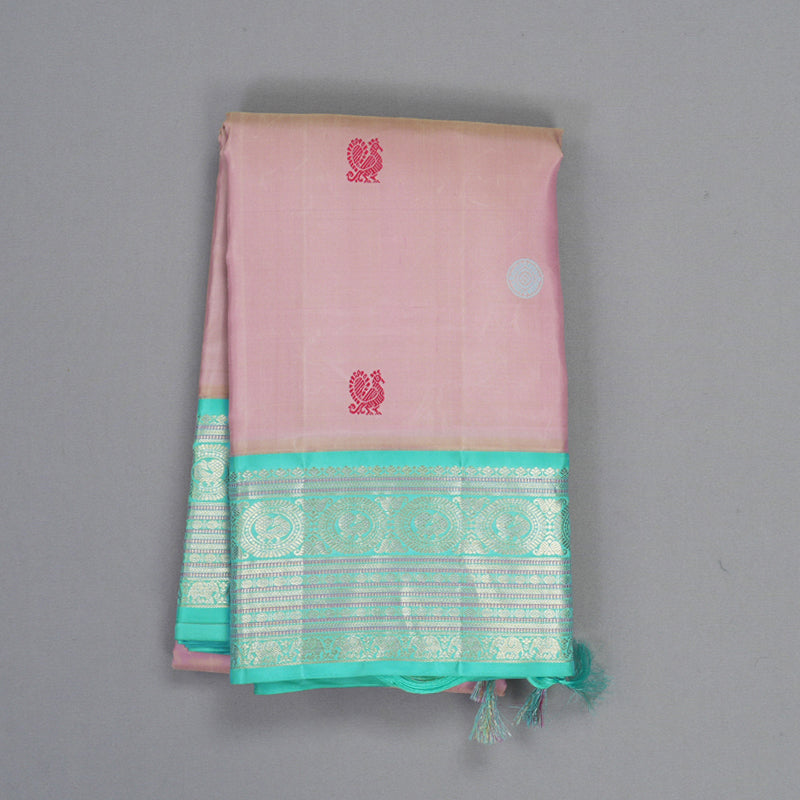 Hayagrivas Handloom Baby Pink Kanjivaram Silk Saree with Bright Teal Border KBF411F4-1