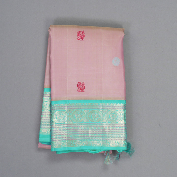 Hayagrivas Handloom Baby Pink Kanjivaram Silk Saree with Bright Teal Border KBF411F4-1