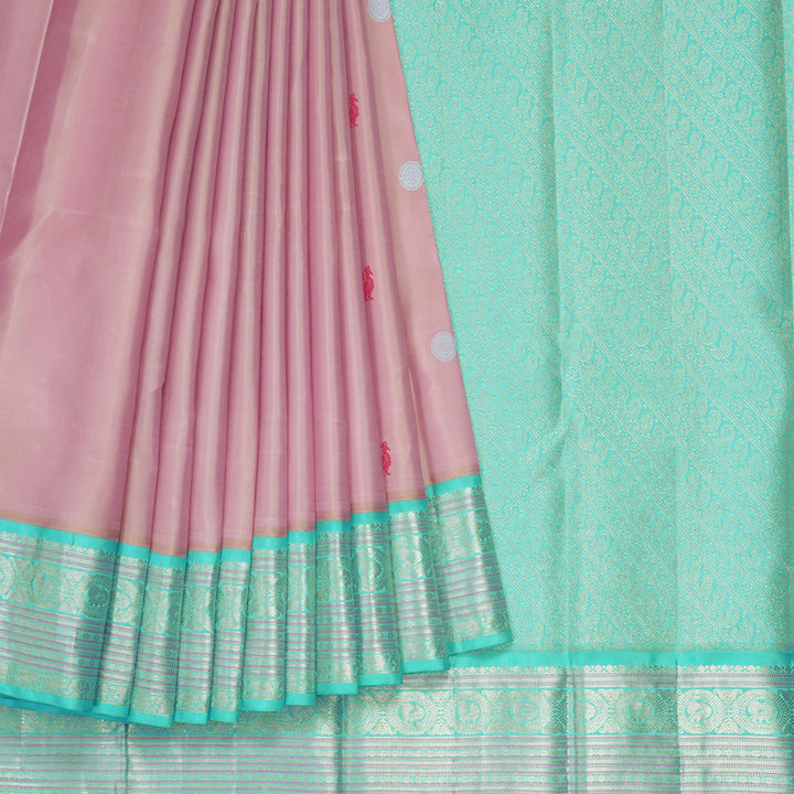 Hayagrivas Handloom Baby Pink Kanjivaram Silk Saree with Bright Teal Border KBF411F4-1