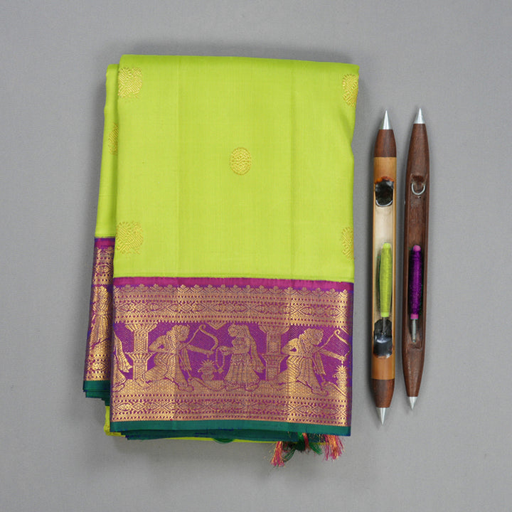 Hayagrivas Handloom Lime Green Kanjivaram Silk Saree with Purple Border KBF421F10-2