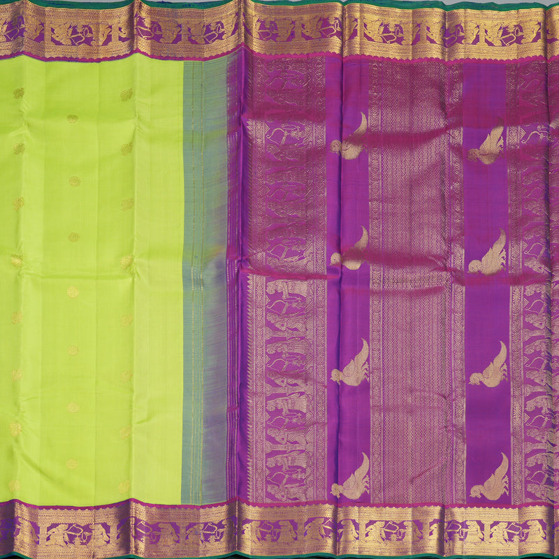 Hayagrivas Handloom Lime Green Kanjivaram Silk Saree with Purple Border KBF421F10-2
