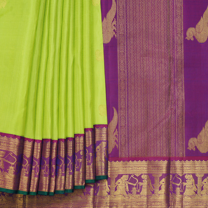 Hayagrivas Handloom Lime Green Kanjivaram Silk Saree with Purple Border KBF421F10-2