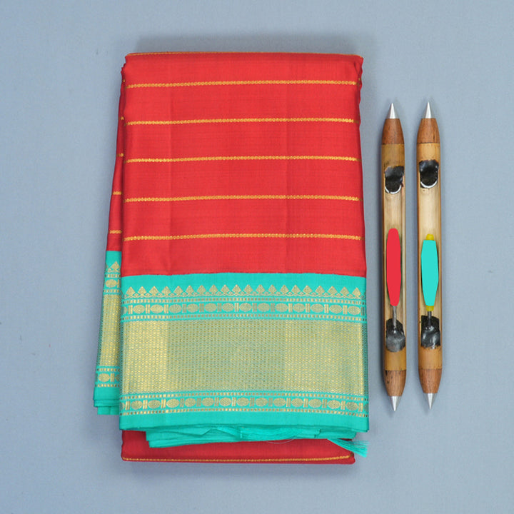 Hayagrivas Handloom Red Kanjivaram Silk Saree with Bright Teal Border KBF421F7-1