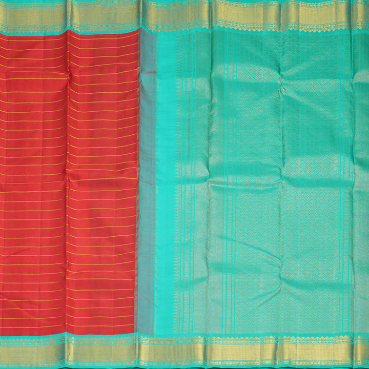 Hayagrivas Handloom Red Kanjivaram Silk Saree with Bright Teal Border KBF421F7-1
