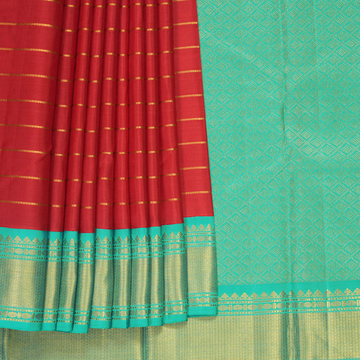 Hayagrivas Handloom Red Kanjivaram Silk Saree with Bright Teal Border KBF421F7-1