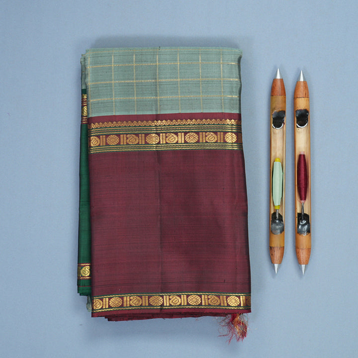 Hayagrivas Handloom Greenish-Grey Kanjivaram Silk Saree with Ganga Jamuna Border KBF422F6-1
