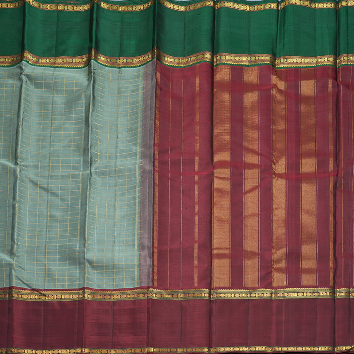 Hayagrivas Handloom Greenish-Grey Kanjivaram Silk Saree with Ganga Jamuna Border KBF422F6-1