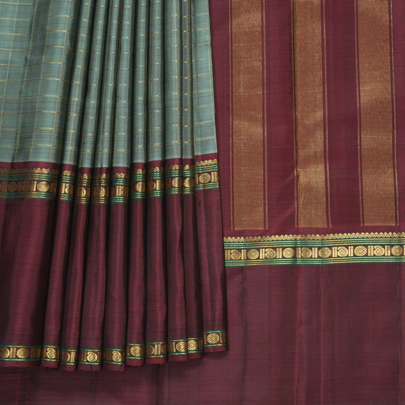 Hayagrivas Handloom Greenish-Grey Kanjivaram Silk Saree with Ganga Jamuna Border KBF422F6-1