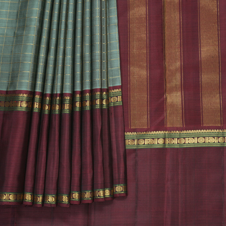 Hayagrivas Handloom Greenish-Grey Kanjivaram Silk Saree with Ganga Jamuna Border KBF422F6-1