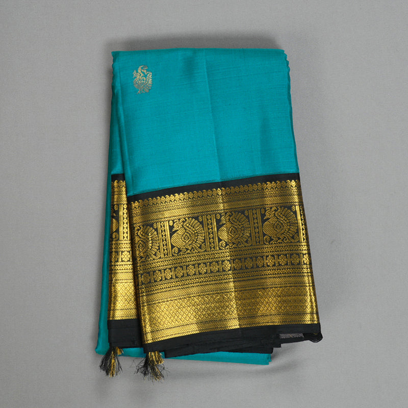 Hayagrivas Handloom Teal Green Kanjivaram Silk Saree with Black Border KBF424F1-1