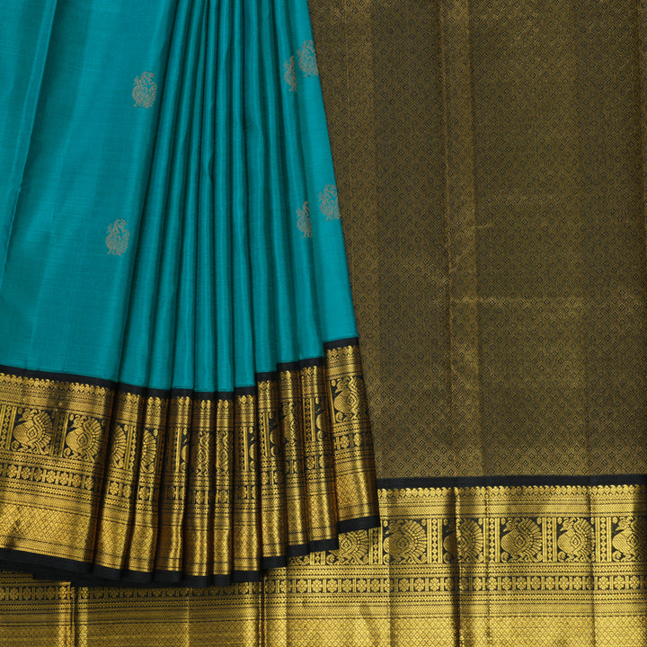 Hayagrivas Handloom Teal Green Kanjivaram Silk Saree with Black Border KBF424F1-1