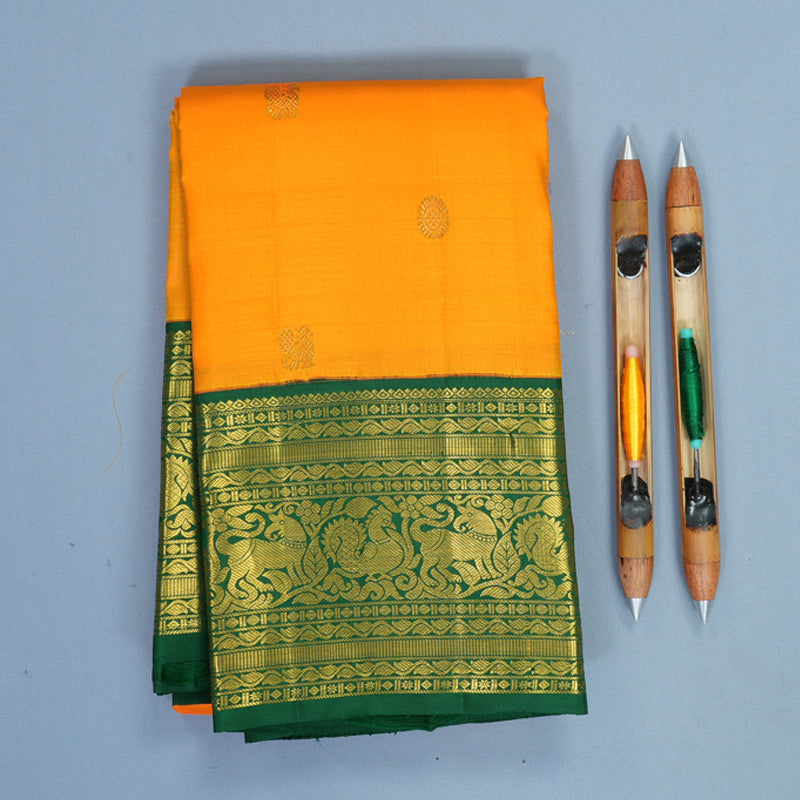 Hayagrivas Handloom Mambazham Orange Kanjivaram Silk Saree with Dark Green Border KBF424F1-2