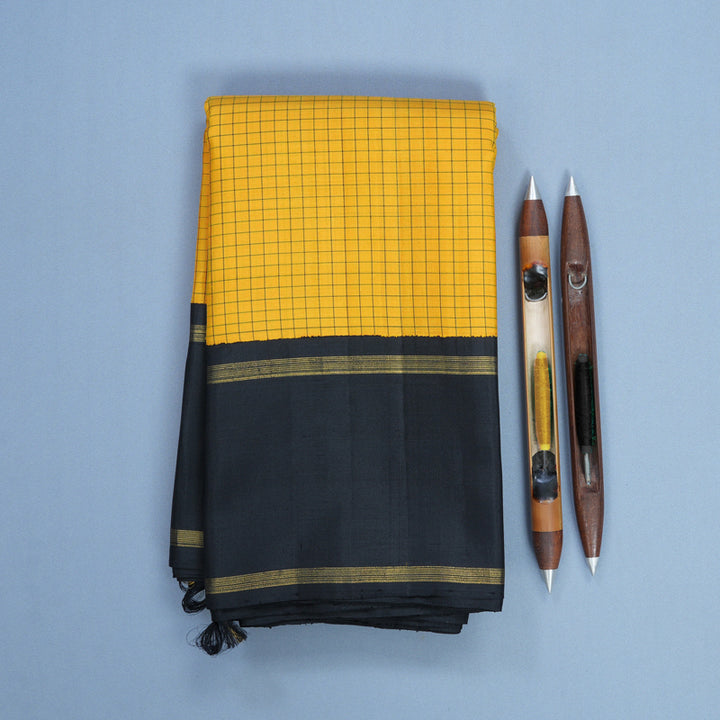 Hayagrivas Handloom Mustard Yellow Kanjivaram Silk Saree with Black Border KBF425F5-1