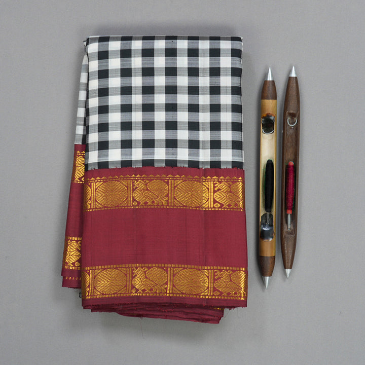 Hayagrivas Handloom Black &amp; White Checks Kanjivaram Silk Saree with Maroon Border KBF425F6-1
