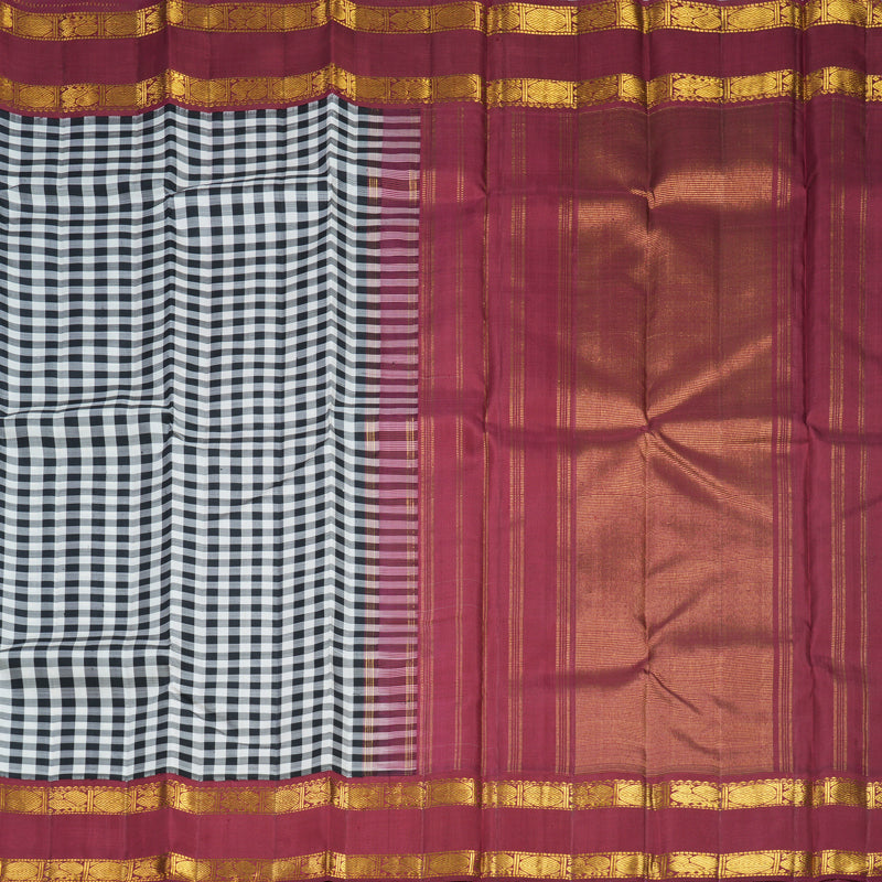 Hayagrivas Handloom Black &amp; White Checks Kanjivaram Silk Saree with Maroon Border KBF425F6-1