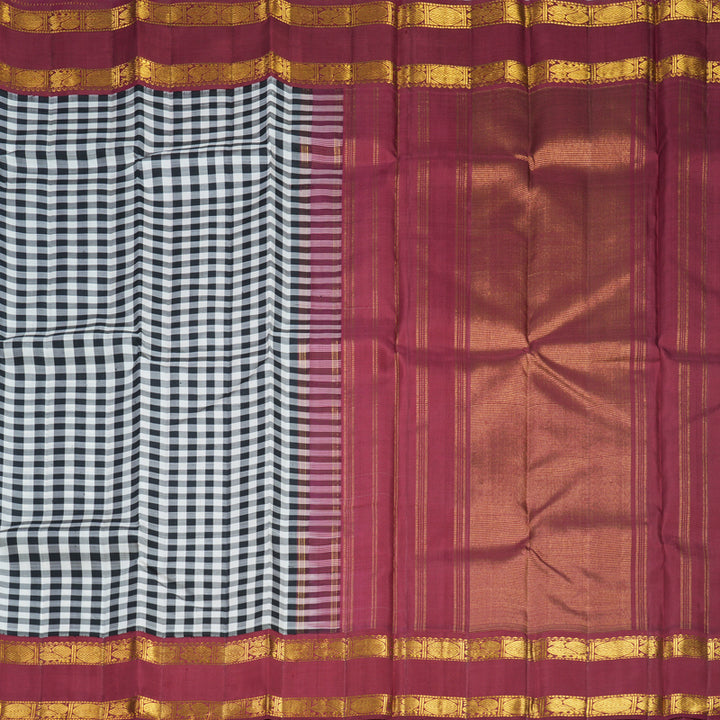 Hayagrivas Handloom Black &amp; White Checks Kanjivaram Silk Saree with Maroon Border KBF425F6-1