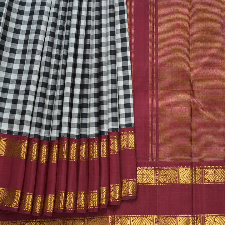 Hayagrivas Handloom Black &amp; White Checks Kanjivaram Silk Saree with Maroon Border KBF425F6-1