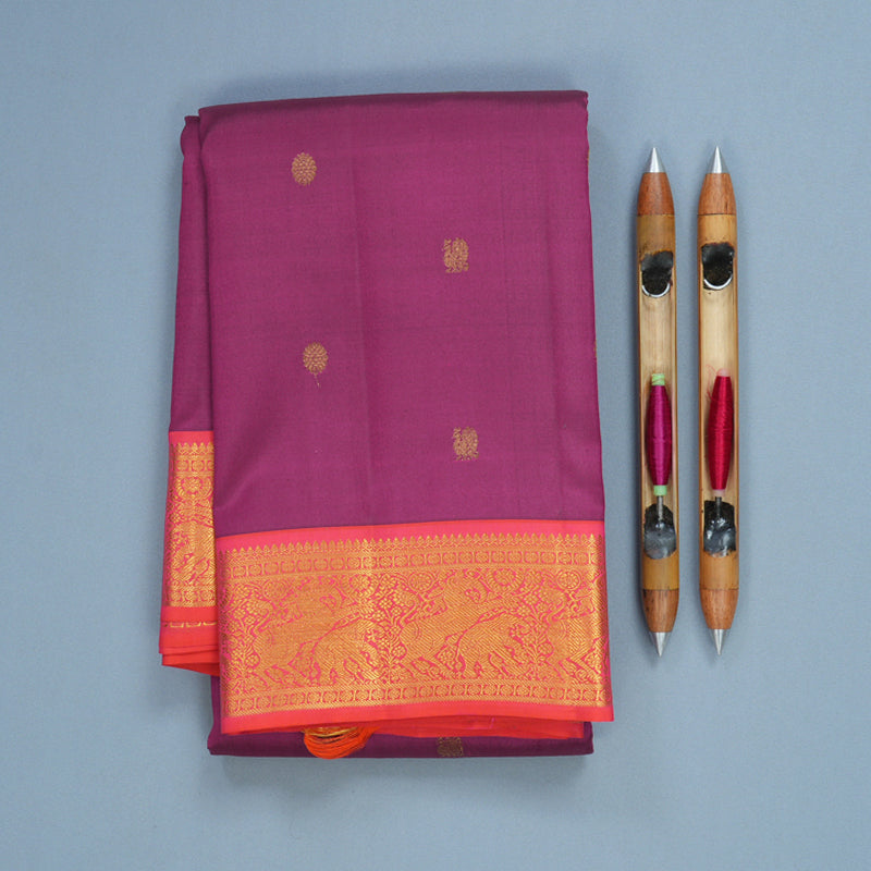 Hayagrivas Handloom Wine Purple Kanjivaram Silk Saree with Orangish-Pink Border KBF427F1-10